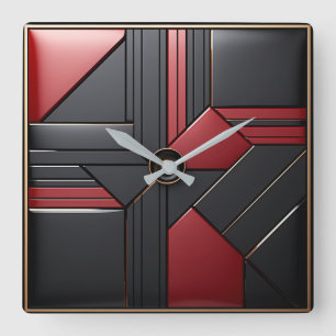 Horloge Carrée Art Déco Géométrique Rouge Noir Élégant