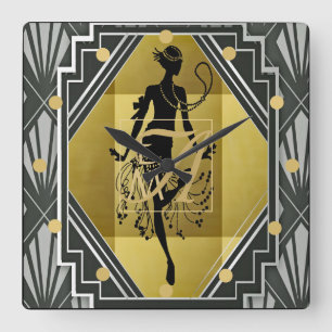 Horloge Carrée Art Déco Monogram Flapper 1920 Femme Black Gold