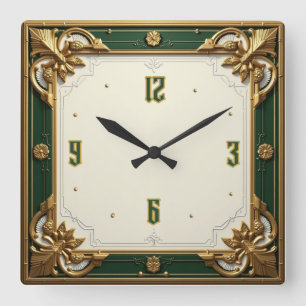 Horloge Carrée Art Déco Vert Élégant