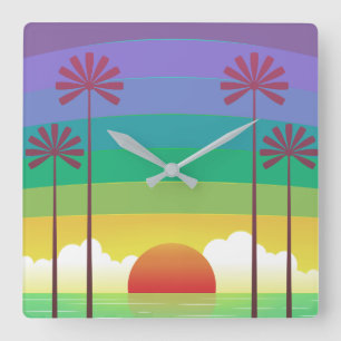 Horloge Carrée Art des palmiers au coucher du soleil violet rétro