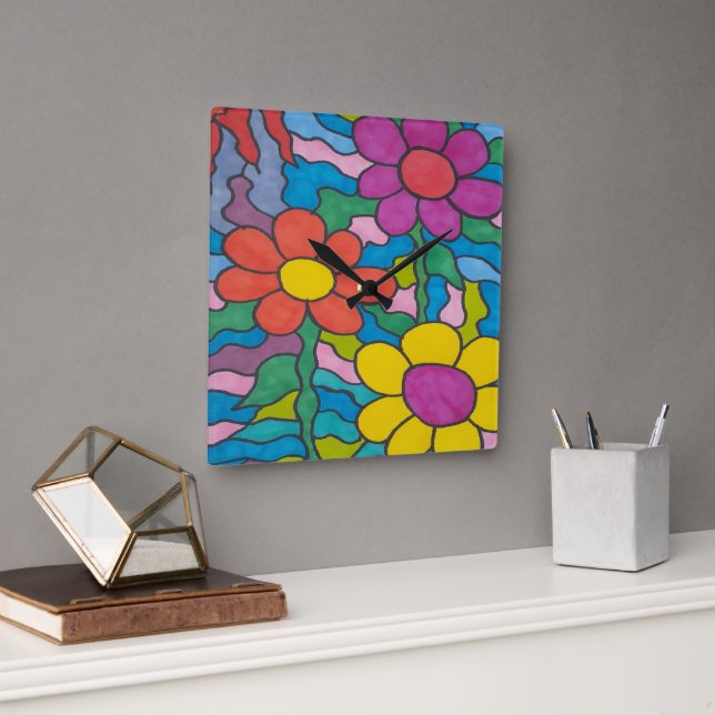 Horloge Carrée Art Fleur Hippie Rétro (Bureau)
