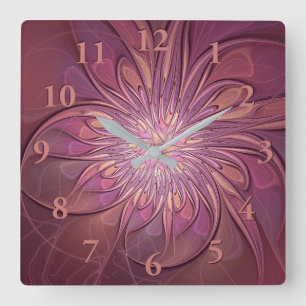 Horloge Carrée Art floral fractal moderne abstrait couleurs de ba
