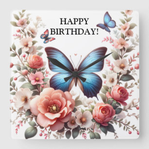 Horloge Carrée Art floral papillon bleu personnalisable-96279