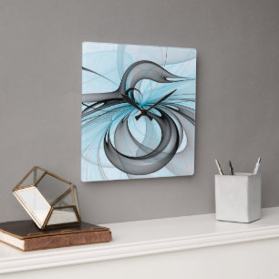 Horloge Carrée Art fractal moderne gris anthracite abstrait bleu