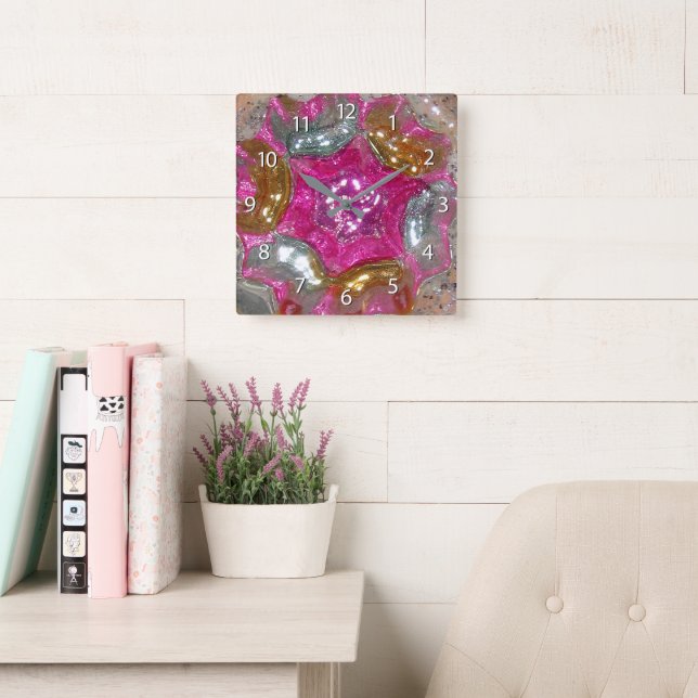 Horloge Carrée Art Glass Bubble Gum Pink Jewel (Salle de lecture)