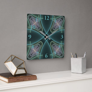 Horloge Carrée Art graphique fractal géométrique sarcelle moderne