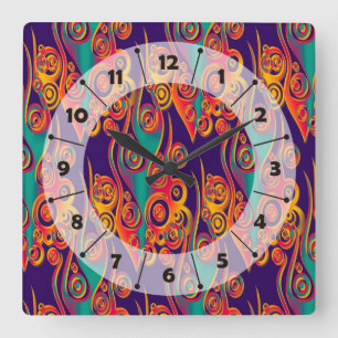 Horloge Carrée Art Motif tatouage - flammes & cercles