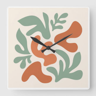 Horloge Carrée art mural abstrait vert sauge et terre cuite