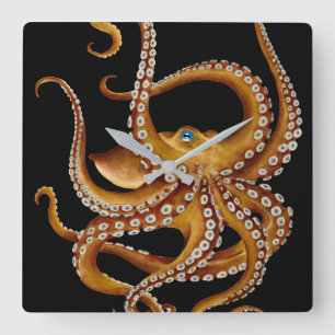 Horloge Carrée Art noir octopus bleu oeil Brown