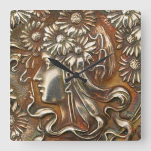 Horloge Carrée Art Nouveau Maiden Silver Repousse Moderne Acrylli