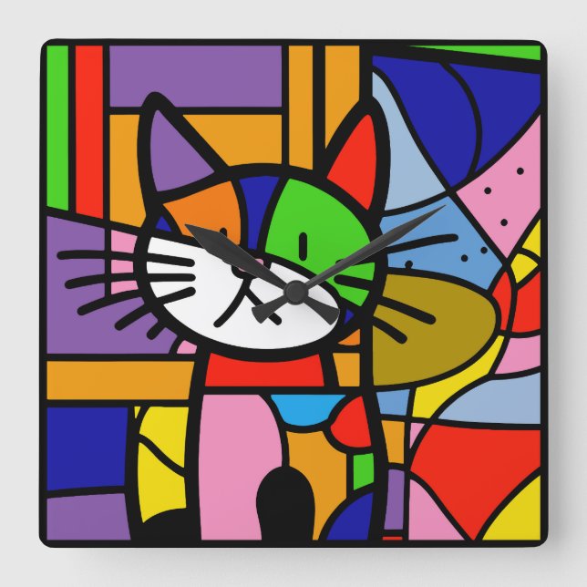 Horloge Carrée Art Pop Design de chat Vibrant et Coulourd (Recto)