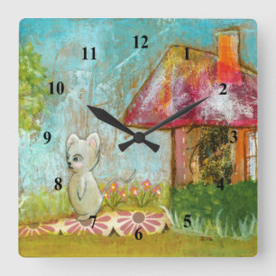 Horloge Carrée Art populaire lunatique de souris de région bois