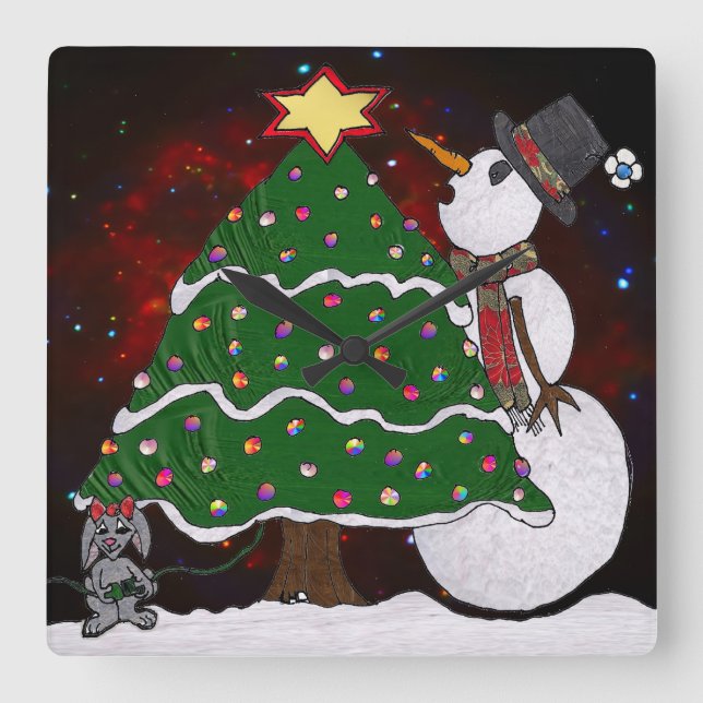Horloge Carrée Art surprise Snowman de Noël Imprimer (Recto)