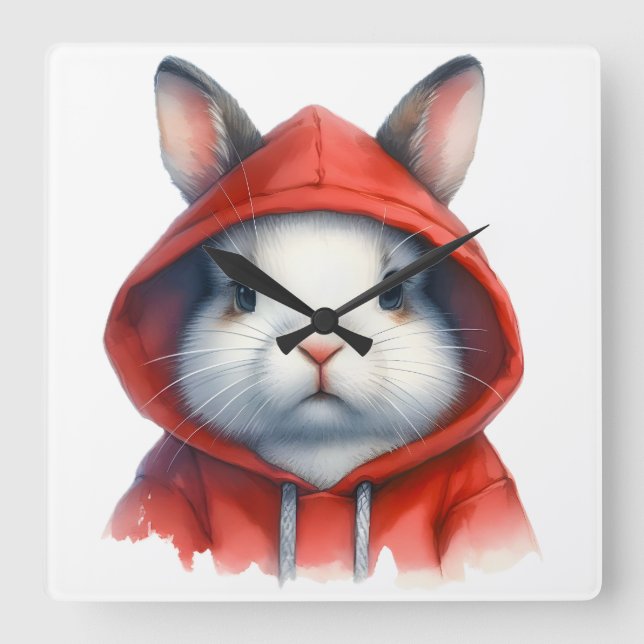 Horloge Carrée Artwork d'aquarelle Lapin blanc dans un Sweat - sh (Recto)