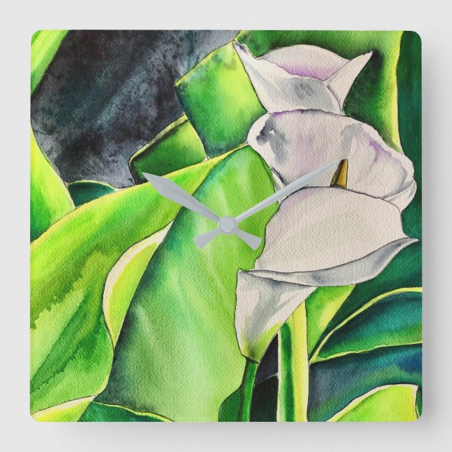 Horloge Carrée Arum blanc Lily aquarelle tropicale florale (Recto)