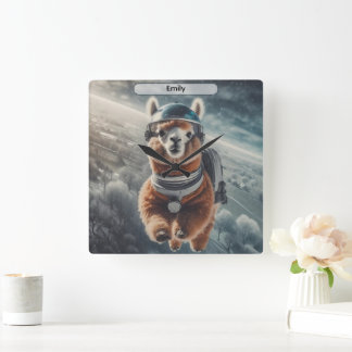 Horloge Carrée Astronaute Alpaga dans l'Espace Animal Surréaliste