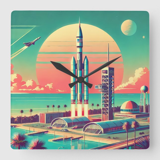 Horloge Carrée Atomic Futuristic New Florida Launch Site (Recto)