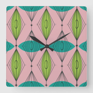 Horloge Carrée Atomic Pink Ogee et Starbursts Wall Clock
