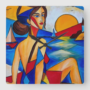 Horloge Carrée Au bord de la mer - Peinture cubiste