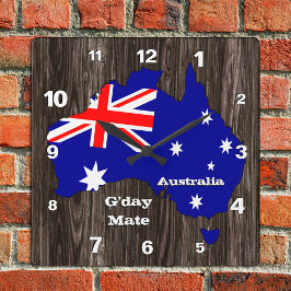 Horloge Carrée Australie Horloge, Gday Mate, bois, Drapeau austra