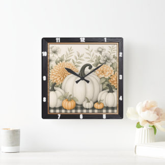 Horloge Carrée Automne Citrouille Floral Harvest