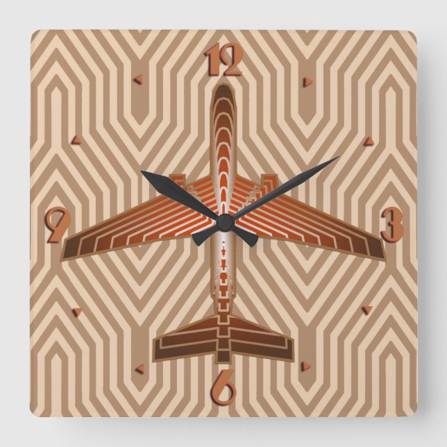 Horloge Carrée Avion Art Déco, Bronze, Or et Rust Brown (Recto)