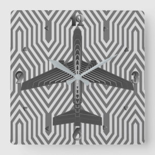 Horloge Carrée Avion Art Déco, Graphite et Silver Grey
