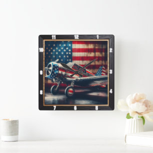 Horloge Carrée Avion patriotique avec drapeau américain