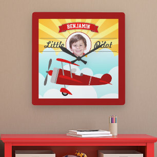 Horloge Carrée Avion Rouge Petit Pilote Nom Photo Salle Enfants