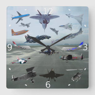 HORLOGE CARRÉE AVIONS SUR UN CIEL BLEU CAROLINA
