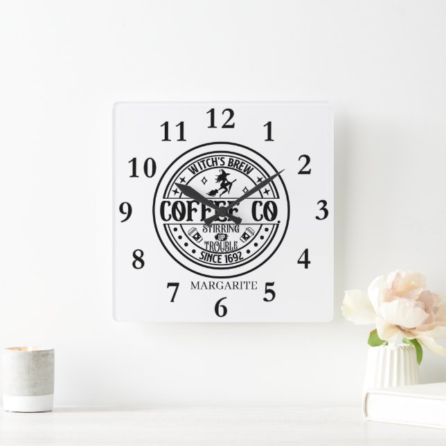 Horloge Carrée B&W Witch's Brew personnalisé (Maison)
