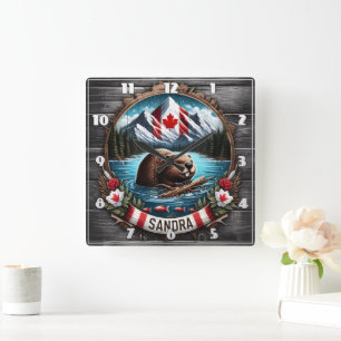 Horloge Carrée Baignade de castor canadien à Clear Mountain Lake