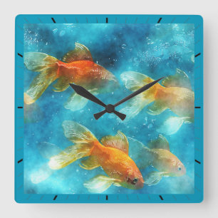 HORLOGE CARRÉE BAIGNADE DE POISSON.  ORANGE FISH.