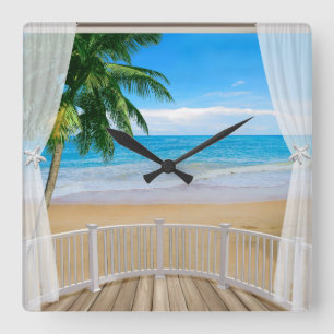 Horloge Carrée Balcon avec vue sur la plage et l'océan