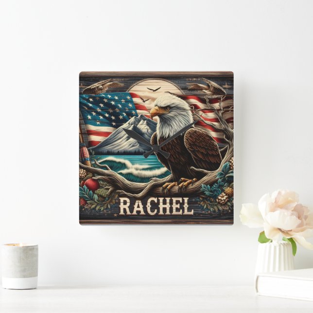 Horloge Carrée Bald Eagle Against Mountain et American Flag (Maison)