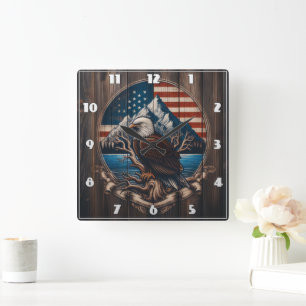 Horloge Carrée Bald Eagle perché par Mountain et American Flag