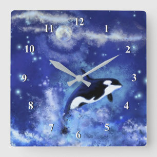 Horloge Carrée Baleine tueuse en Pleine lune - Dessin artistique 