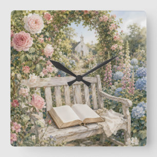 Horloge Carrée Banc de jardin de prière Chapelle Aquarelle