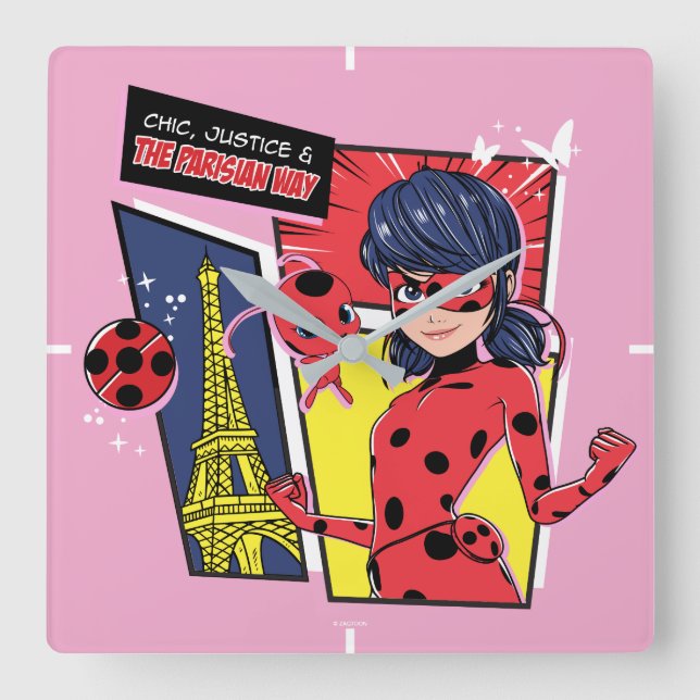 Horloge Carrée Bande dessinée Miraculaire Ladybug Parisienne (Recto)