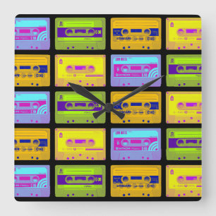 Horloge Carrée Bandes Cassette Art Pop Rétro 80s