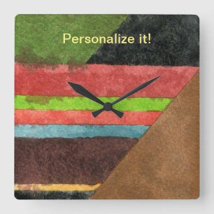 Horloge Carrée Bandes, chevrons, triangles en vert brun rouge