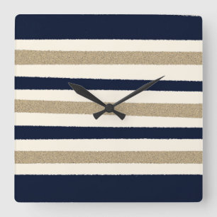 Horloge Carrée Bandes de papier marine/beige