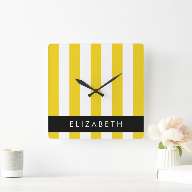 Horloge Carrée Bandes Jaunes, Motif Gratté, Lignes, Votre Nom (Maison)