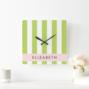 Horloge Carrée Bandes vertes, Lignes, Motif rayé, Votre Nom