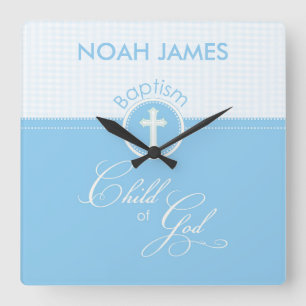 Horloge Carrée Baptême Bleu Enfant de Dieu, personnalisable