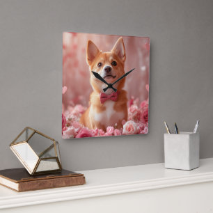 Horloge Carrée Basenji avec des roses - Saint-Valentin