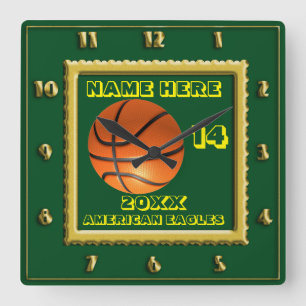 Horloge Carrée Basket-ball avec nom de joueur vert