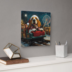 Horloge Carrée Basset Hound Dog Roller Dessous de verre Noël
