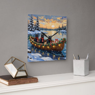 Horloge Carrée Bateau de Noël pour chat noir pour les fêtes