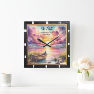 Horloge Carrée Bateau du lac encore coucher de soleil